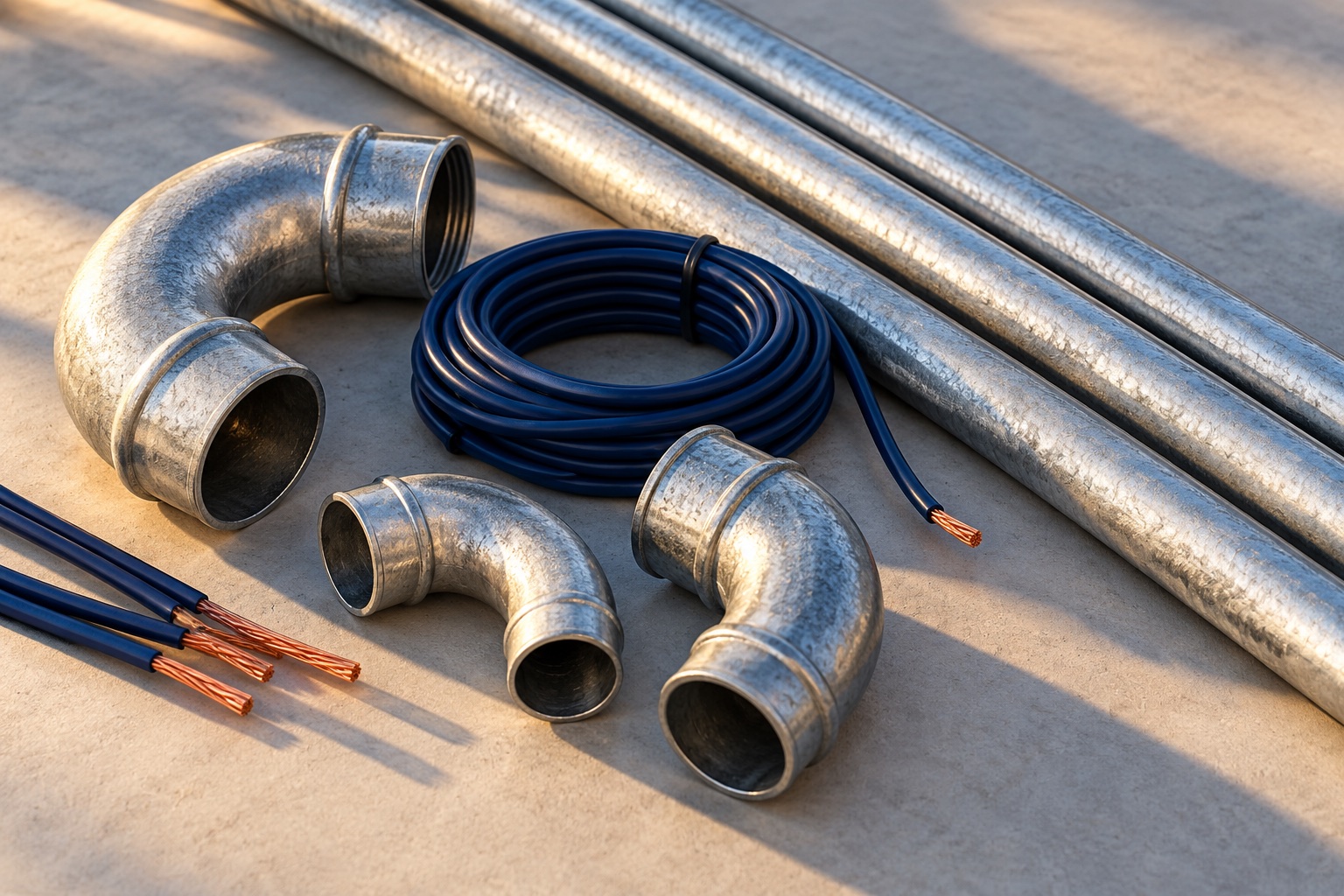 Illustrative study of steel conduit, insulated wire and copper ends
